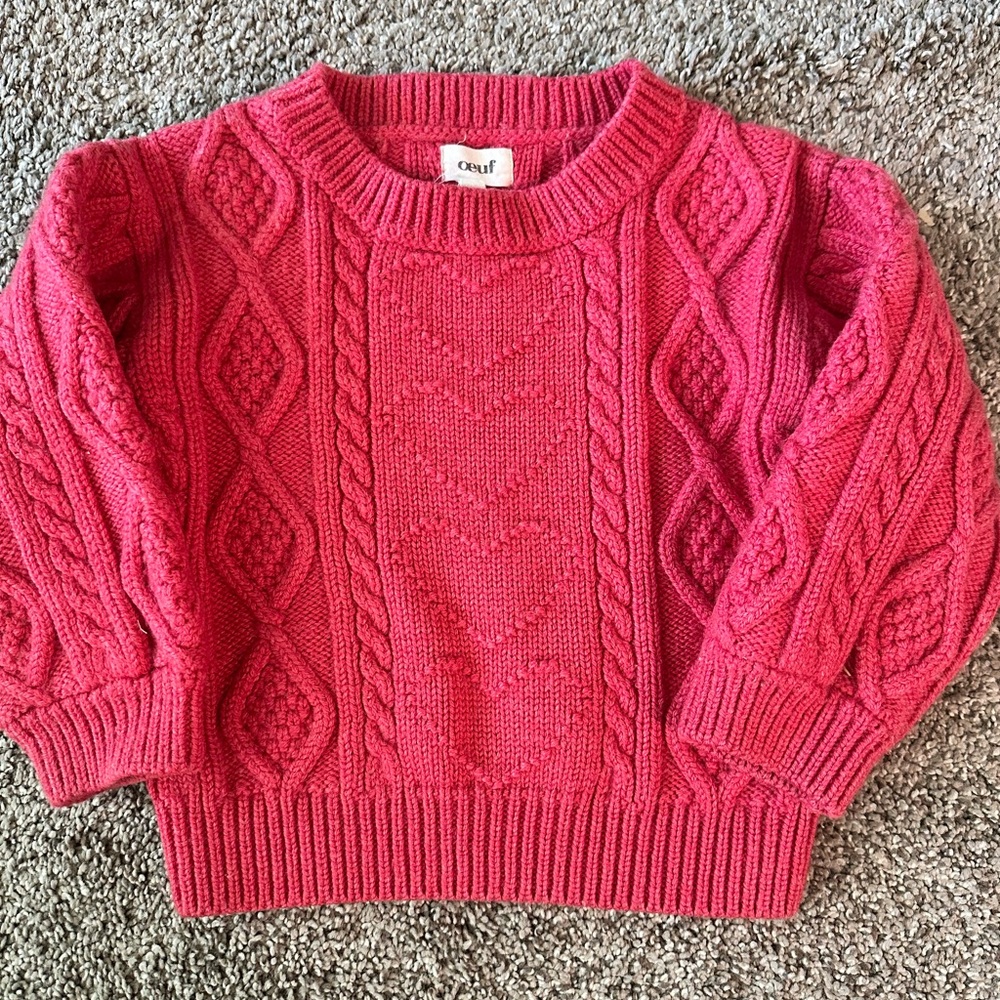 Oeuf 2T 100% Merino Wool Pink Sweater with Heart Patter and Cable Knit Detail